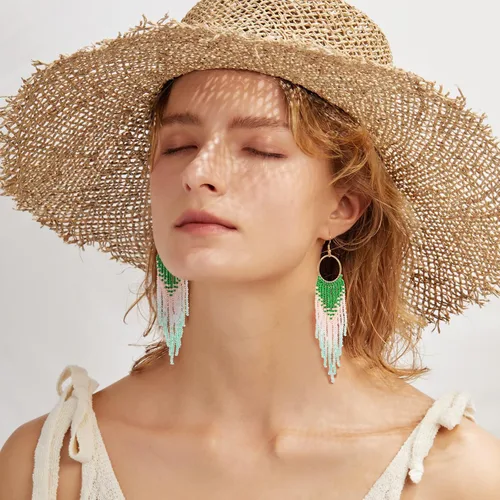 Miniatura 2 de Aretes de borla hechos a mano, aretes de cuentas de semillas, aretes bohemios con flecos para mujeres y niñas
