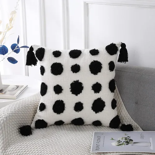 Miniatura 11 de PANOD Fundas decorativas de cojín de estilo casa de campo súper suaves y mullidas, 16 x 16 pulgadas, color negro, con pompones sólidos, mechones