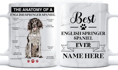 PREZZY Taza de café de Springer Spaniel inglés personalizada para hombres, mujeres, amantes de los perros, nombre personalizado, letras vintage,
