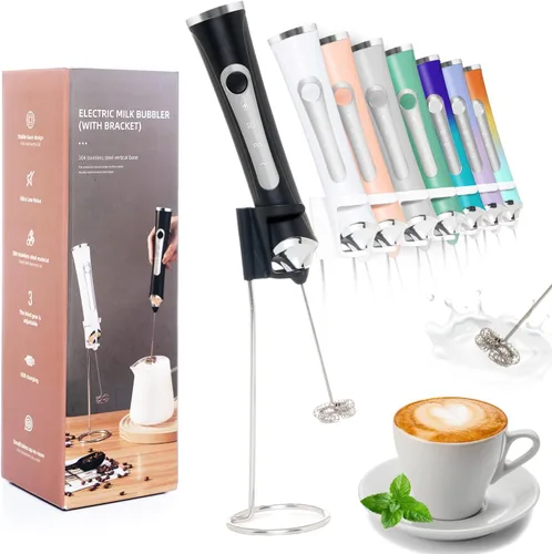 Espumador de leche recargable de mano para café, varita espumadora de 3 velocidades con soporte, Batidora De Mano Electrica, Espumador de café con 2