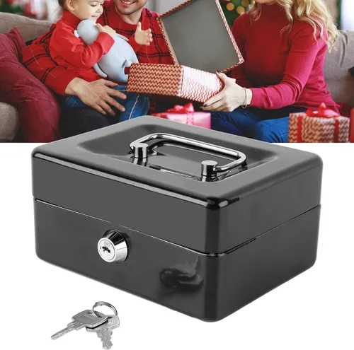 Miniatura 4 de Pyhodi Caja de dinero con cerradura de dos llaves, caja fuerte de metal pequeña con bandeja de dinero, organizador de dinero seguro para dinero
