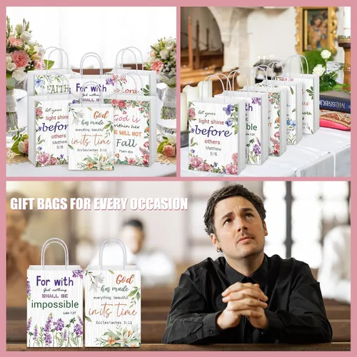Miniatura 7 de Yeaqee 24 bolsas de regalo religiosas cristianas a granel con asas, 6 estilos reutilizables, flores religiosas, bautismo religioso, versículo