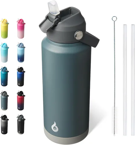 Miniatura 30 de BJPKPK - Botella de agua aislada con tapa de popote, 532 ml Botellas termo con boquilla suave, asa flexible y base antideslizante, libre de BPA, a