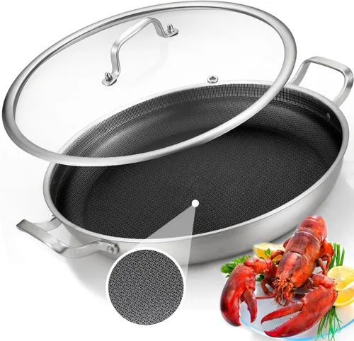 Yeksum Paella de tres capas de acero inoxidable de 14.5 pulgadas, 12 porciones con tapa, sartén grande antiadherente 18/10, olla jumbo, bandeja de