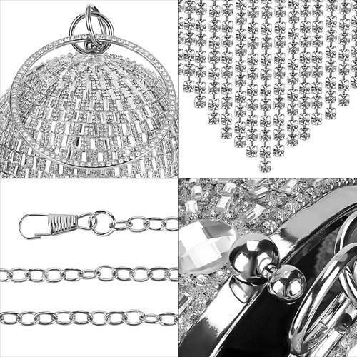 Miniatura 4 de Bolso de mano redondo para mujer pequeño bolso de noche de cristal deslumbrante borla de diamantes de imitación boda fiesta bolso cruzado con asa