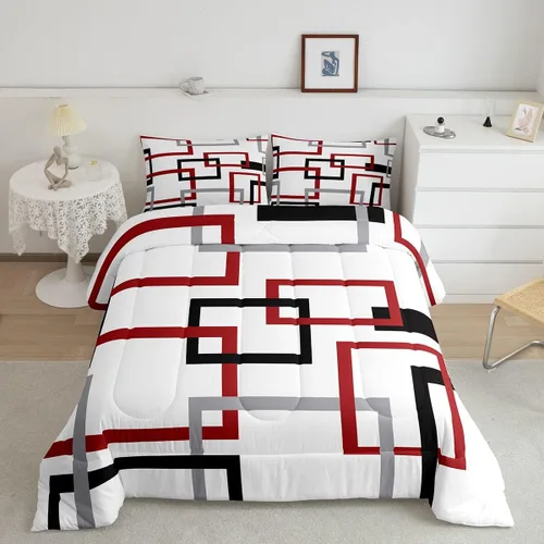 Miniatura 24 de Juego de edredón de rayas rojas y negras, juego de ropa de cama tamaño King con ondas circulares abstractas, geométrico, espiral, acolchado, 3 Multi