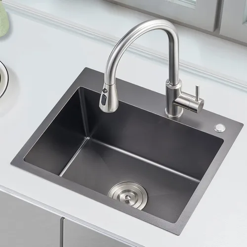 Miniatura 14 de Fregadero de barra empotrable de 13 × 15 pulgadas negro - Fregadero de cocina pequeño de montaje superior de un solo cuenco, hecho a mano de acero