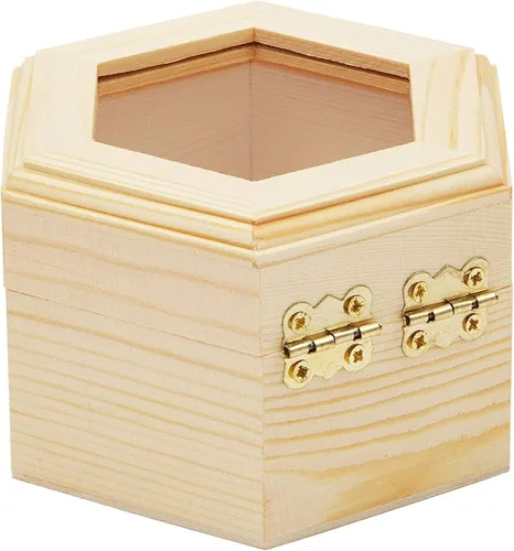 Miniatura 5 de Joyero de madera hexagonal sin terminar con ventana y hebilla francesa (paquete de 3)