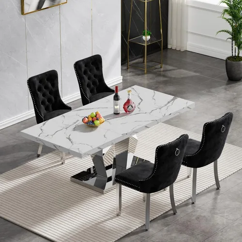 Miniatura 73 de Juego de mesa de comedor de mármol sintético, 7 piezas, juego de mesa de cocina y comedor para 6, mesa de comedor rectangular blanca de 70 pulgadas