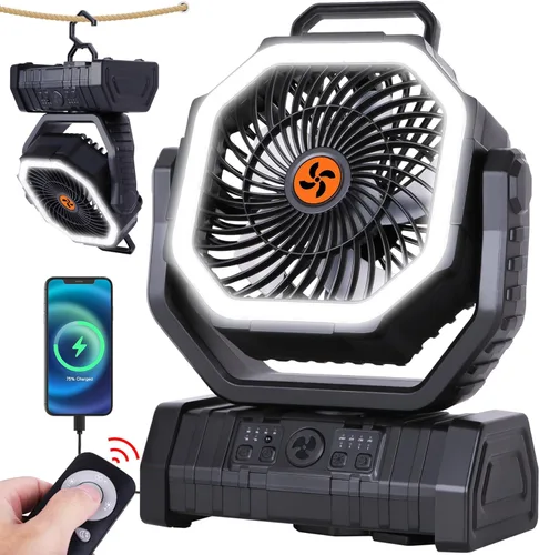Ventilador recargable portátil, ventilador de campamento alimentado por batería con luz, funcionamiento, temporizador y control remoto, oscilación