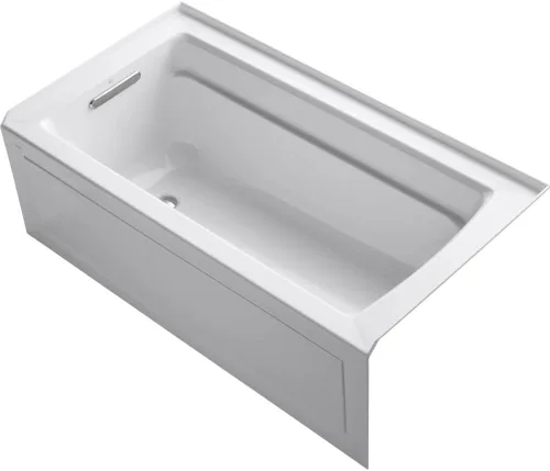 KOHLER 1123-LAW-0 Archer - Bañera de alcoba de 60 x 32 pulgadas con superficie calentada, delantal integral, brida de azulejos y drenaje a la Blanco