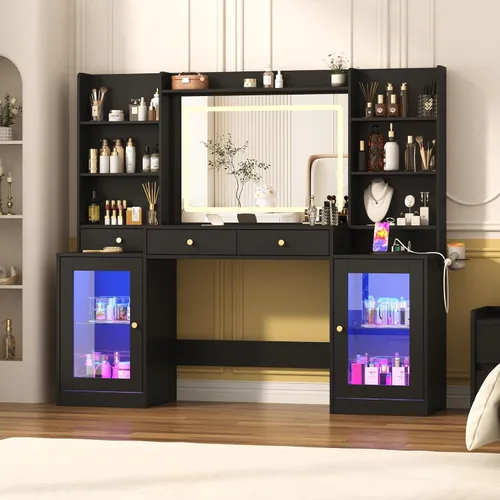 Mesa de tocador grande de 62" en negro con tapa de vidrio templado, luces LED de 60000 colores, toma de corriente, tocador de maquillaje con espejo