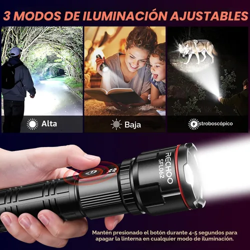 Miniatura 4 de RECHOO Paquete de 2 linternas recargables, linterna LED súper brillante de alto lúmenes con pantalla digital LCD, 3 modos de iluminación y luces