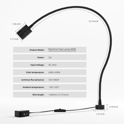 Miniatura 6 de Luz de trabajo magnética LED de 15.748 in Lámpara de cuello de cisne flexible 500 lúmenes 120 voltios para máquina de coser, torno de fresado