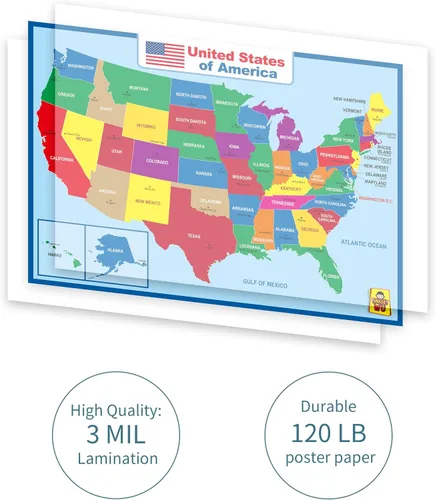 Miniatura 2 de Póster laminado del mapa de los Estados Unidos - Póster educativo doble cara para niños/adultos - Mapa impermeable de 17 x 23 pulgadas para el hogar