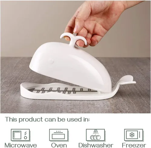 Miniatura 4 de DOWAN Mantequillera de Porcelana con Línea de Medición para Cortar, Mantequillera Grande con Forma de Ballena con Tapa de Diseño Antideslizante