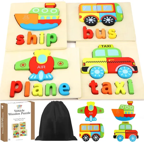 TOY Life Rompecabezas para niños de 2 a 4 años, 4 vehículos con ortografía de madera para niños pequeños de 3 a 5 años, juguetes Montessori, regalos