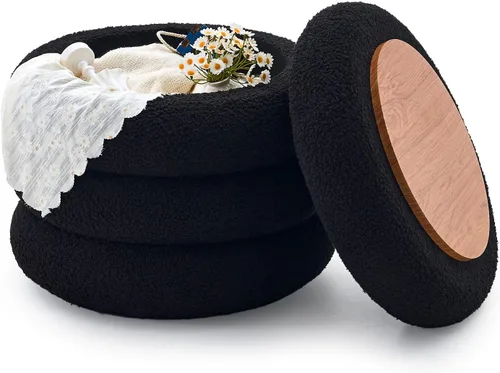 Miniatura 12 de Wimarsbon Otomana redonda de almacenamiento, moderno reposapiés de sherpa, taburete de tocador de peluche con bandeja abatible, silla de maquillaje