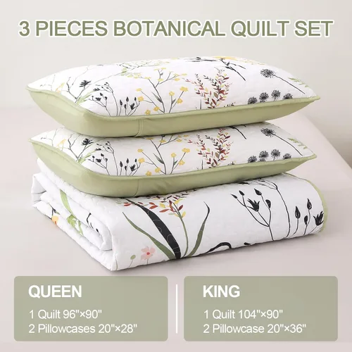 Miniatura 7 de Dobuyly Juego de edredón floral verde salvia, tamaño King, edredón de flores botánicas amarillas y blancas de 3 piezas, juego de colcha de primavera