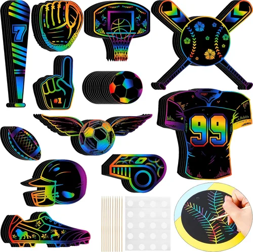 Qilery Juego de 70 piezas de papel deportivo para raspar con lápiz óptico de madera y cintas, pelota deportiva, almohadilla de papel arcoíris para
