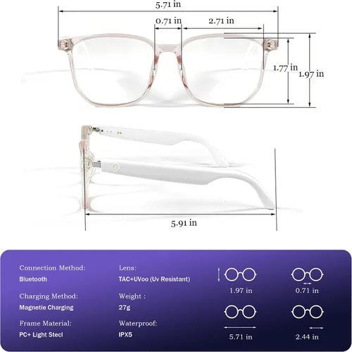 Gafas inteligentes para mujer, gafas de auriculares con altavoces integrados, audio de oído abierto HD, filtrado de luz azul para trabajar (negro)