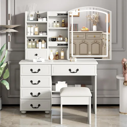 Tocador de Maquillaje con Espejo y Luces, Juego de Mesa de Tocador con Cajón de Almacenamiento y Silla y 3 Estantes, 3 Colores de Iluminación,