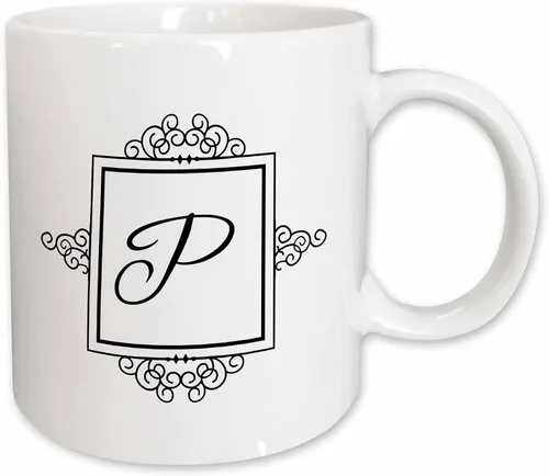 Miniatura 9 de 3dRose 3dRose Letra inicial P personal monograma elegante tipografía en blanco y negro elegante personalizado – Taza negra de dos tonos, 11 onzas