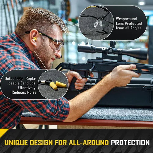 Miniatura 5 de COOLJOB Gafas de seguridad antivaho con lente transparente antiarañazos, ANSI Z87.1. Gafas de protección contra impactos y UV con tapones de oído