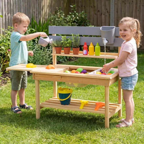 Miniatura 11 de Costzon Cocina de barro, banco de madera para macetas para niños con grifo extraíble, fregadero, estufas, pomos de rotación, cajas para macetas