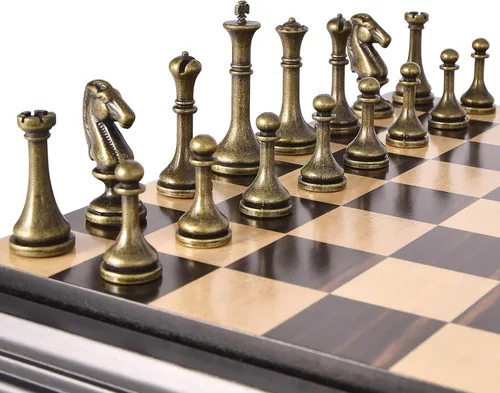 Miniatura 8 de AMEROUS Juego de ajedrez de madera de 12.5 pulgadas con piezas de ajedrez de metal, juego de mesa clásico con rey de 2.5"/almacenamiento para piezas