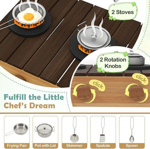 Miniatura 4 de Costzon Cocina de barro, banco de madera para macetas para niños con grifo extraíble, fregadero, estufas, pomos de rotación, cajas para macetas