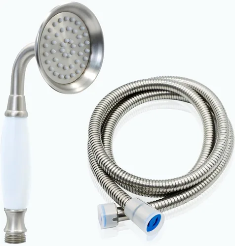 ENGA Cabezal de ducha de mano vintage en forma de teléfono con rociador de lluvia de cerámica y manguera de 59 pulgadas en níquel cepillado para baño