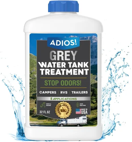 ADIOS! Tratamiento y limpiador de tanque de agua gris RV, desodorante enzimático para desagües de fregadero para tanques grises de caravana