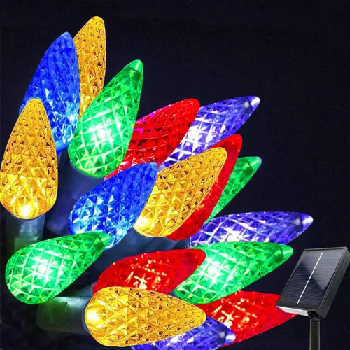 39 pies 100 luces LED solares C6 LED de Navidad – al aire libre, 8 modos C6 fresa multicolor cadena de luces para árbol de Navidad, vacaciones,