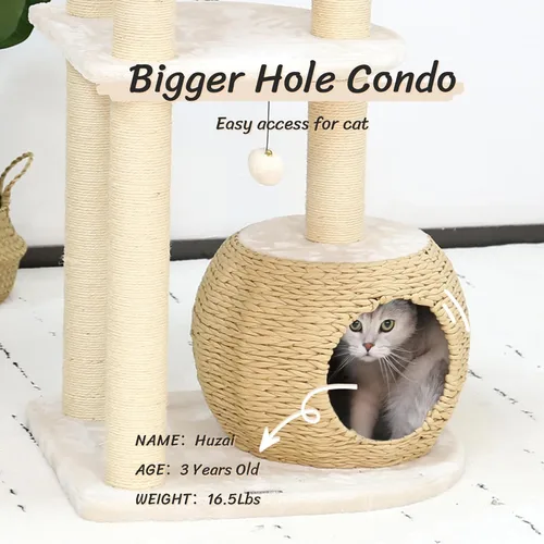 Miniatura 3 de KAMABOKO Árbol Moderno para Gatos, Torre de 53 pulgadas para Gatos de Interior, Postes Rascadores de Sisal Natural, Condominio Tejido a Mano