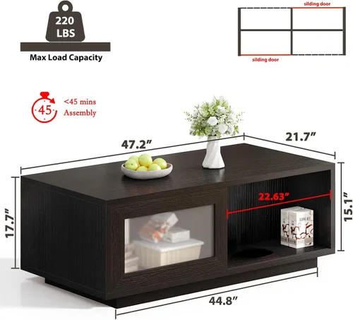 Miniatura 2 de HSH Mesa auxiliar negra para sala de estar, mesas de centro rectangulares de madera moderna de 47 pulgadas con puerta corredera y estante abierto