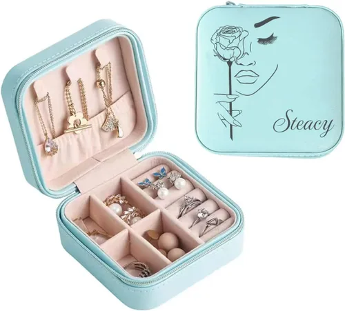 Miniatura 5 de Joyero personalizado con tu nombre y mes de la flor de nacimiento, organizador de joyas de cuero personalizado, estuche de viaje, regalos Negro