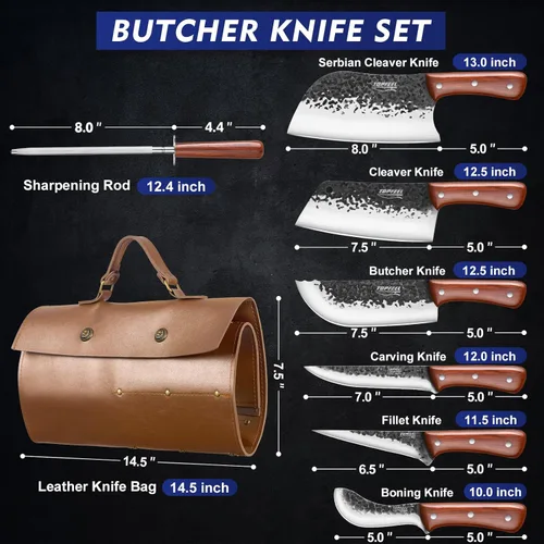 Miniatura 2 de Topfeel Juego de 8 cuchillos de chef para carnicero y pescado, con bolsa enrollable, juego de cuchillos forjados a mano para cortar carne