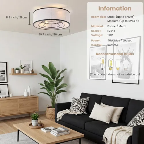 Miniatura 3 de 20 Inch Boho Ceiling Fan with Light, Low Profile Flush Mount Caged Ceiling Fan, Bladeless Black Drum Chandelier with Remote, 6 Speed Reversible DC