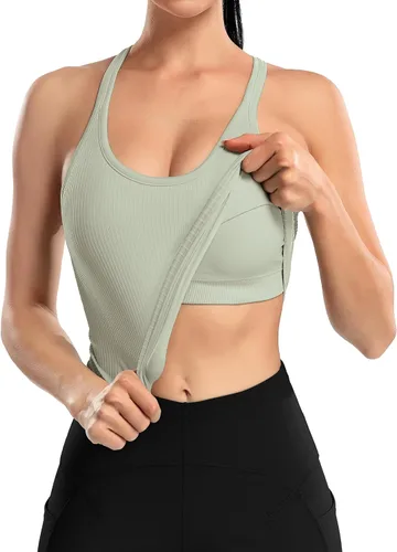 Miniatura 155 de ATTRACO Camiseta corta acanalada de entrenamiento para mujer con brasier integrado para yoga, espalda cruzada, ajuste ajustado
