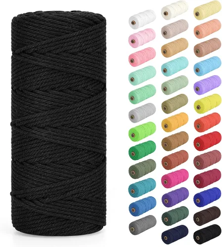Cuerda de macramé de 0.118 in x 109 yardas (328 pies), cuerda de algodón natural para colgar en la pared, ganchos de plantas, manualidades, Negro