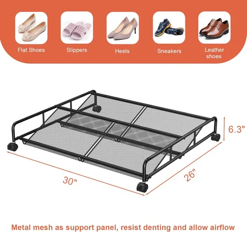 Miniatura 3 de Organizador de almacenamiento de zapatos debajo de la cama, contenedores de almacenamiento de malla metálica debajo de la cama con ruedas