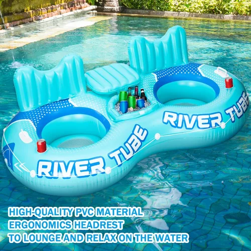 Miniatura 6 de Flotador inflable de tubo de río, flotador de piscina resistente para 2 personas con enfriador integrado, respaldo ergonómico y portavasos