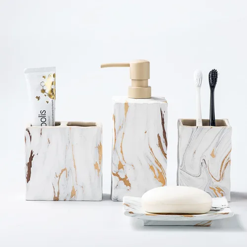 Miniatura 20 de RQYIXI - Juego de accesorios de baño de 4 piezas, soporte para cepillo de dientes, dispensador de jabón, decoración de baño de cerámica y madera