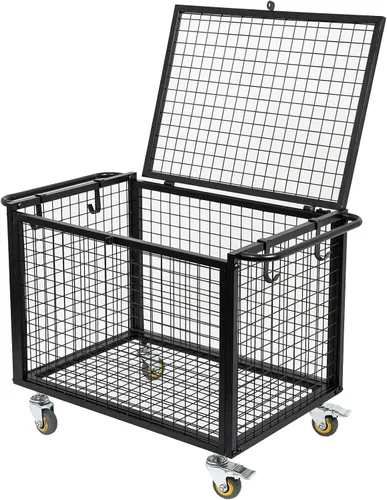 Miniatura 2 de Carrito de baloncesto de metal con ruedas de almacenamiento de equipo deportivo, jaula con cerradura atlética negra mate con mango elevado