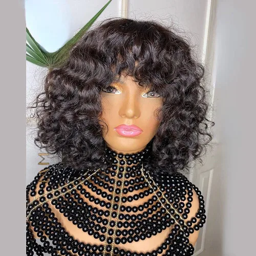 Miniatura 2 de Peluca sin pegamento con flequillo, peluca de cabello humano rizado profundo para mujeres, sin encaje frontal, peluca de cuero cabelludo completo