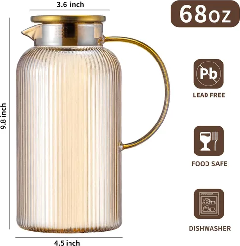 Miniatura 2 de Buaic Paquete de 2 jarras de vidrio con tapa, 68 onzas/2 litros ámbar clásicas verticales a rayas, jarra de agua de vidrio para preparación fría