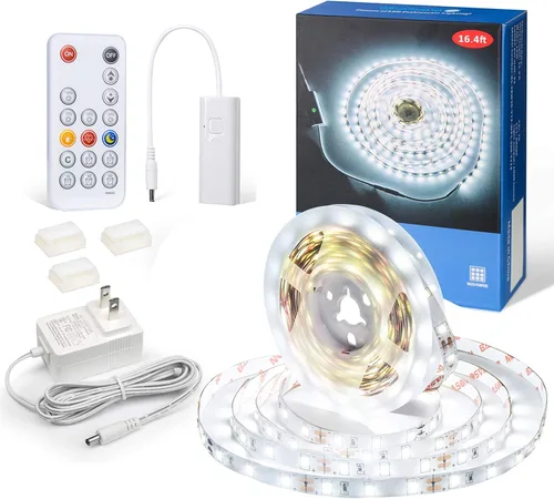 WOBANE - Tira de luces LED blancas, kit de tira de luz LED regulable, 16.4 pies de luces en cinta flexible para dormitorio, cocina, debajo del