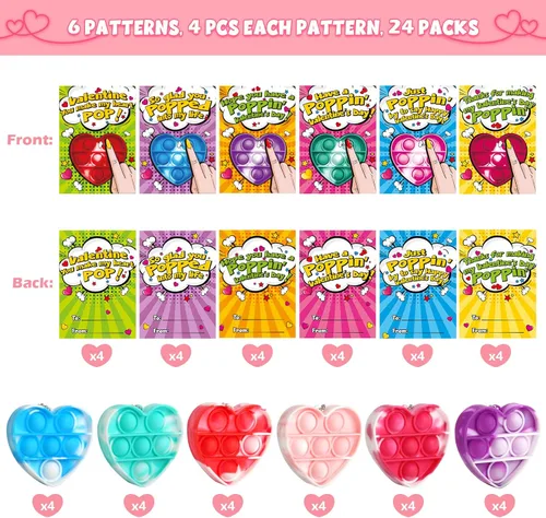 Miniatura 3 de SURCVIO Regalos para el día de San Valentín para niños, paquete de 24 unidades Pop Fidget en forma de corazón, mini burbujas de empuje, sensorial