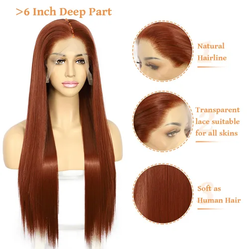 Miniatura 4 de SAPPHIREWIGS Peluca de cabello lacio natural color marrón rojizo #350, sin enredos, línea capilar natural 6 × 13, parte de libertad de encaje